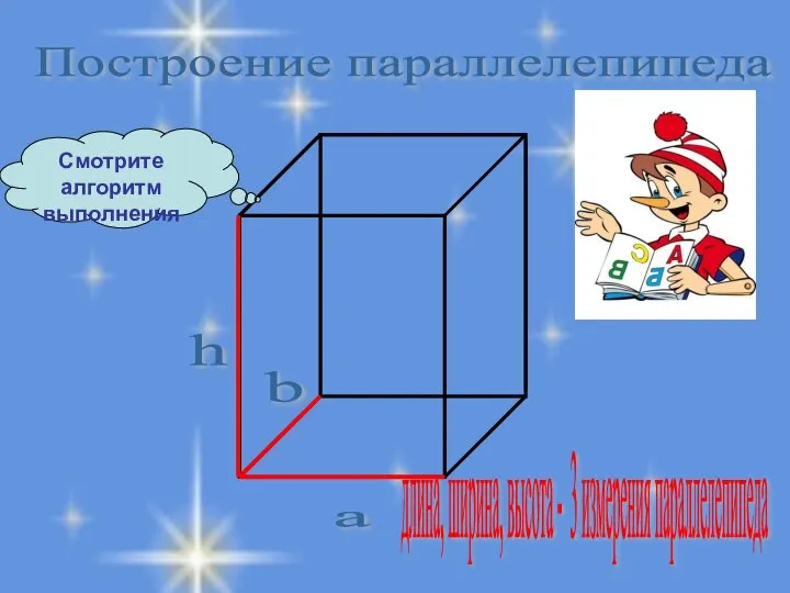 а h Построение параллелепипеда длина, ширина, высота - 3 измерения параллелепипеда Смотрите алгоритм выполнения b