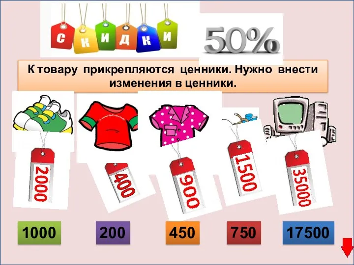 К товару прикрепляются ценники. Нужно внести изменения в ценники. 1000 200 450 750 17500