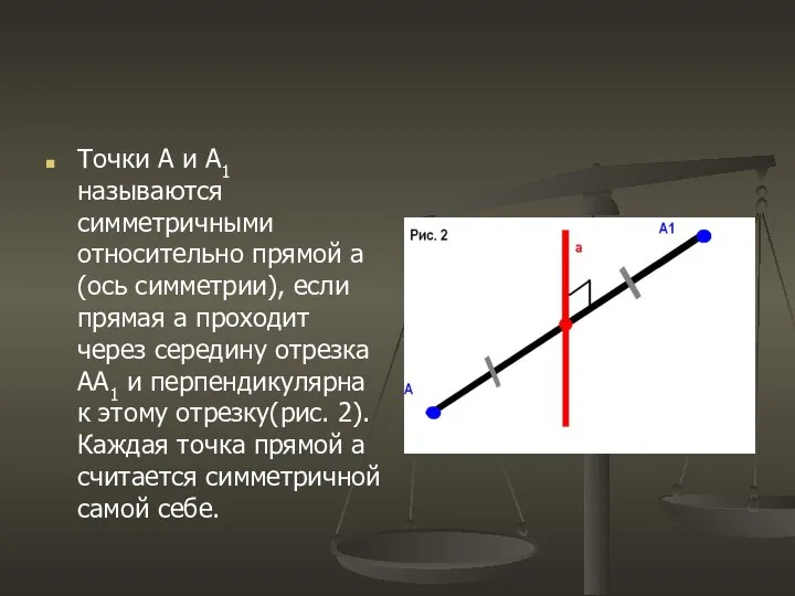 Точки А и А1 называются симметричными относительно прямой а (ось симметрии),