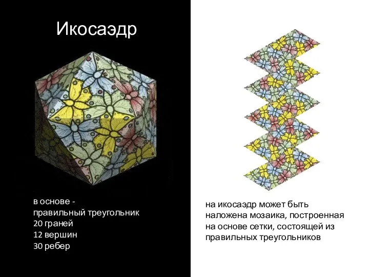 Икосаэдр в основе - правильный треугольник 20 граней 12 вершин 30