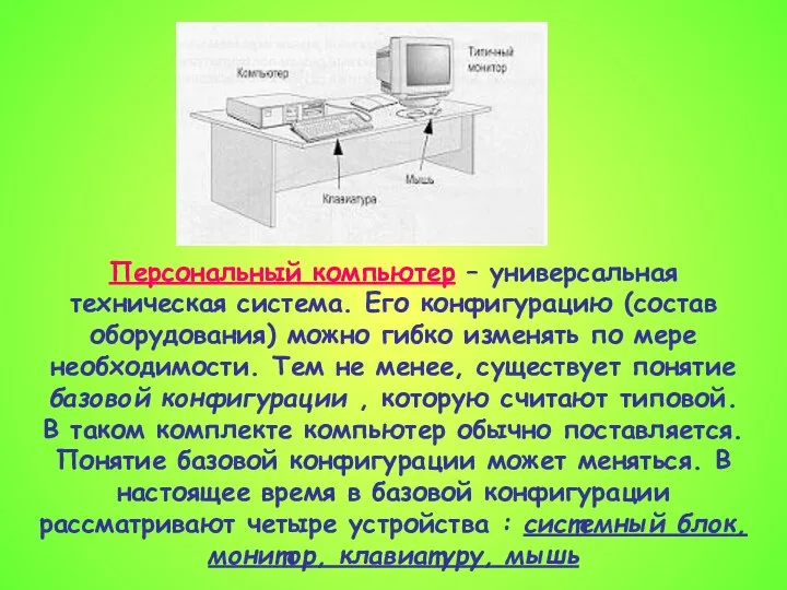 Персональный компьютер – универсальная техническая система. Его конфигурацию (состав оборудования) можно