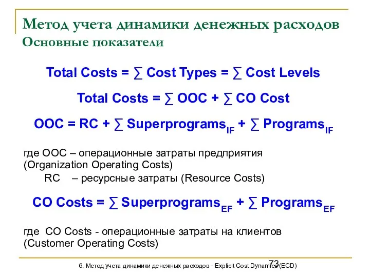 Метод учета динамики денежных расходов Основные показатели Total Costs = ∑