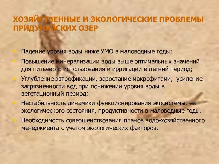 ХОЗЯЙСТВЕННЫЕ И ЭКОЛОГИЧЕСКИЕ ПРОБЛЕМЫ ПРИДУНАЙСКИХ ОЗЕР Падение уровня воды ниже УМО