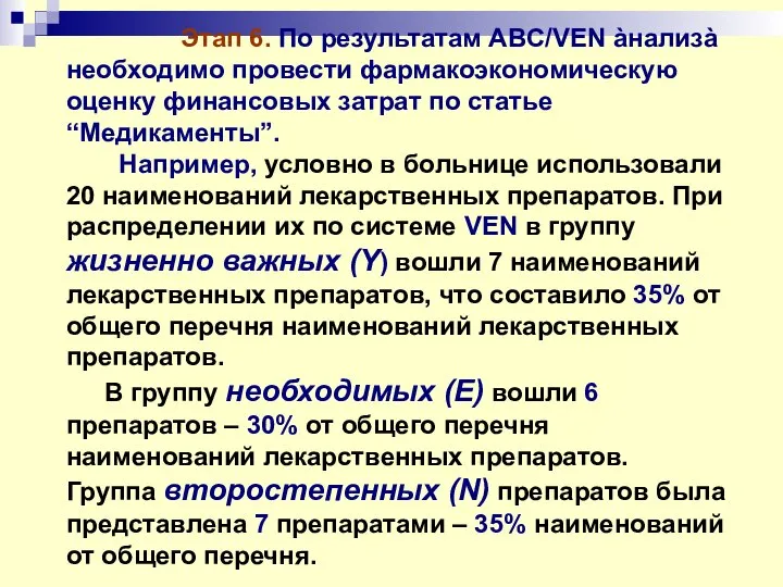 Этап 6. По результатам ABC/VEN àнализà необходимо провести фармакоэкономическую оценку финансовых