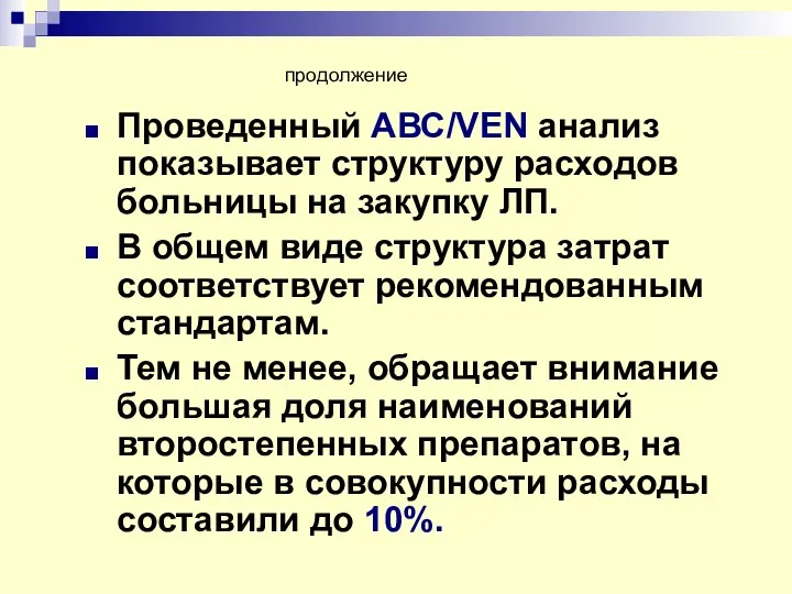 продолжение Проведенный АВС/VEN анализ показывает структуру расходов больницы на закупку ЛП.