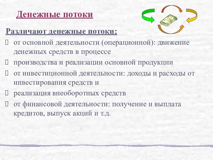 Различают денежные потоки: от основной деятельности (операционной): движение денежных средств в