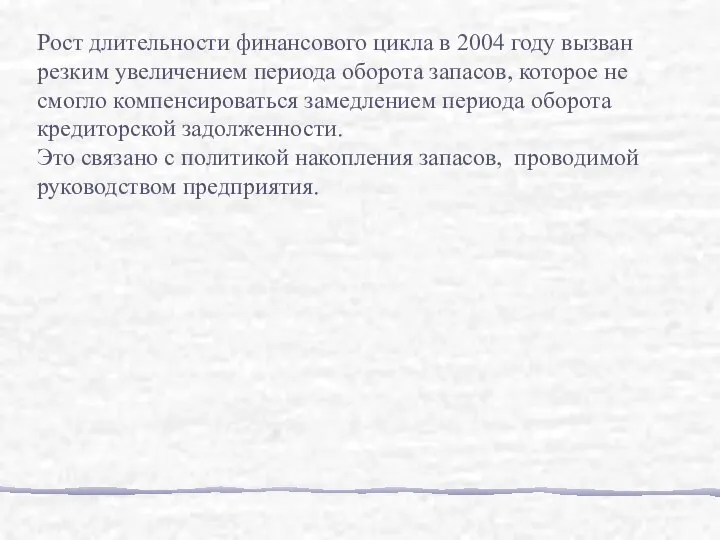 Рост длительности финансового цикла в 2004 году вызван резким увеличением периода