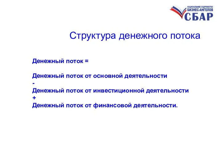 Структура денежного потока Денежный поток = Денежный поток от основной деятельности