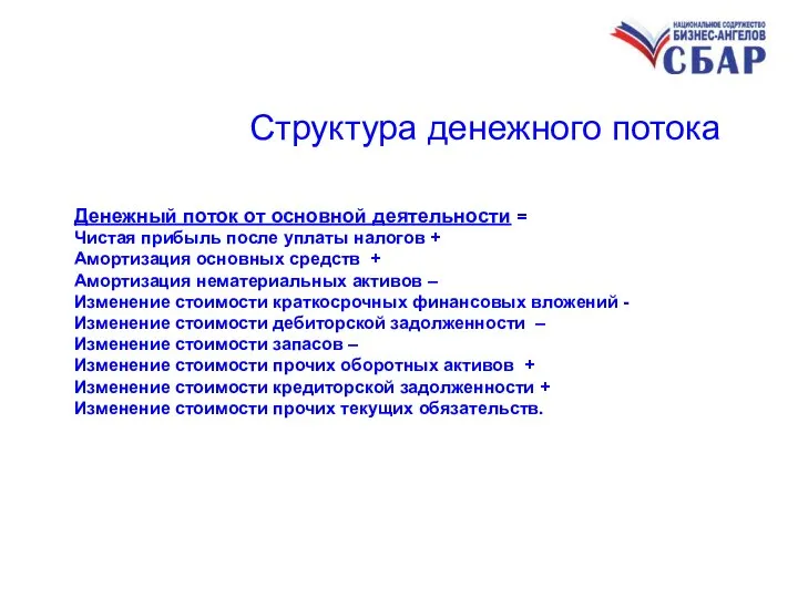 Структура денежного потока Денежный поток от основной деятельности = Чистая прибыль