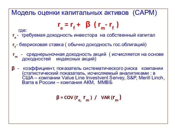 Модель оценки капитальных активов (CAPM) re = rf + β (