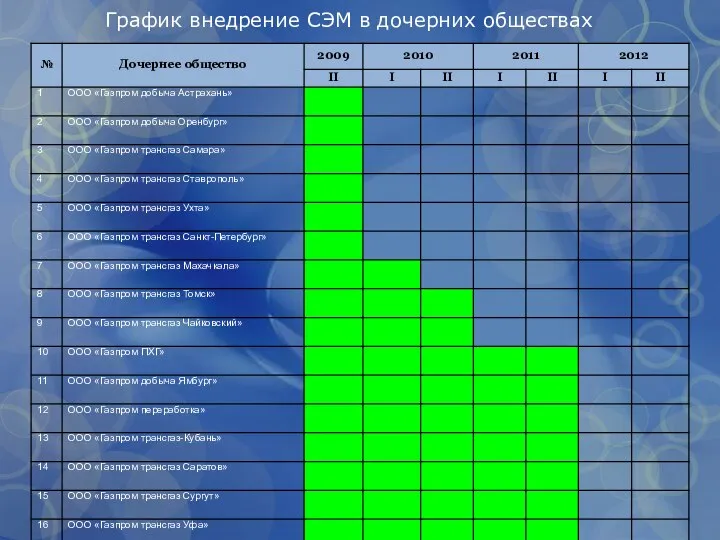 График внедрение СЭМ в дочерних обществах