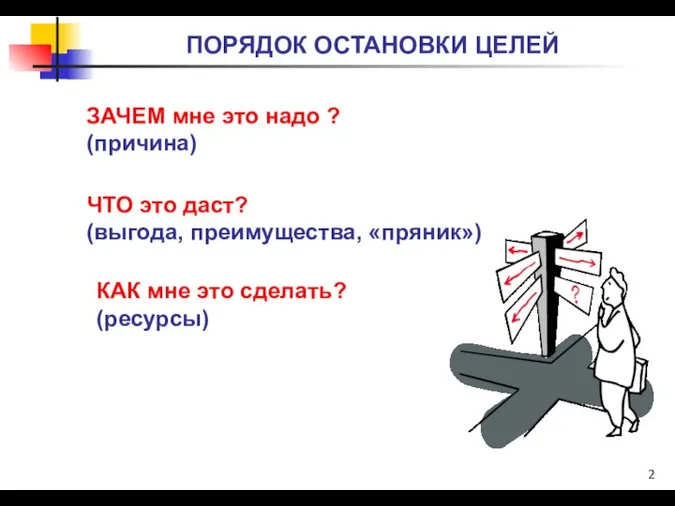 ПОРЯДОК ОСТАНОВКИ ЦЕЛЕЙ ЗАЧЕМ мне это надо ? (причина) ЧТО это