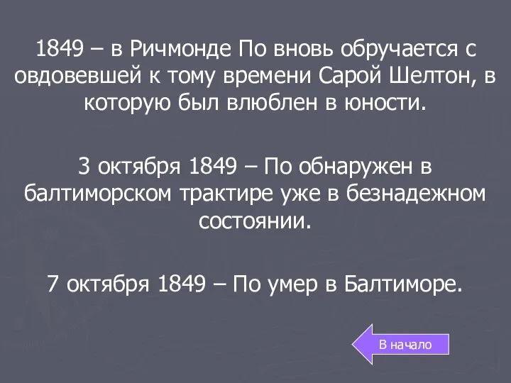 1849 – в Ричмонде По вновь обручается с овдовевшей к тому