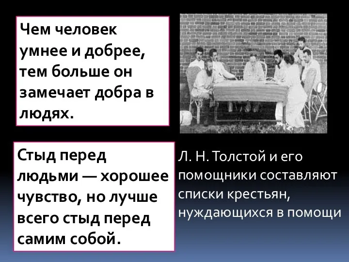 Л. Н. Толстой и его помощники составляют списки крестьян, нуждающихся в