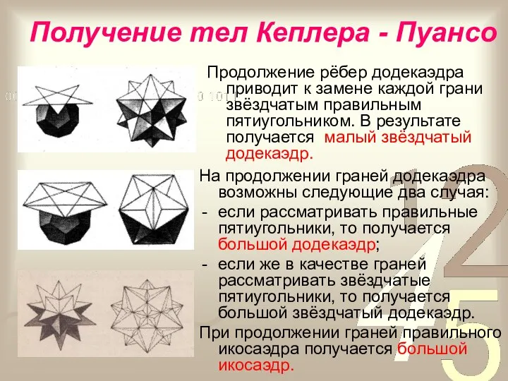 Получение тел Кеплера - Пуансо Продолжение рёбер додекаэдра приводит к замене