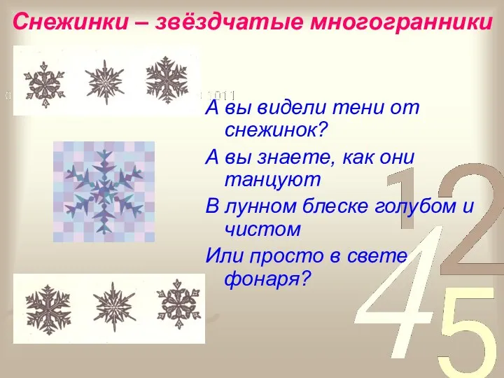 Снежинки – звёздчатые многогранники А вы видели тени от снежинок? А