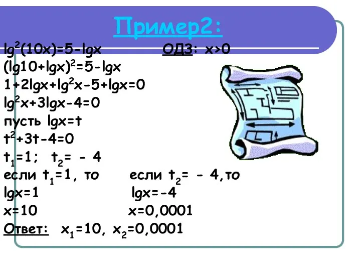 Пример2: lg2(10x)=5-lgx ОДЗ: x>0 (lg10+lgx)2=5-lgx 1+2lgx+lg2x-5+lgx=0 lg2x+3lgx-4=0 пусть lgx=t t2+3t-4=0 t1=1;