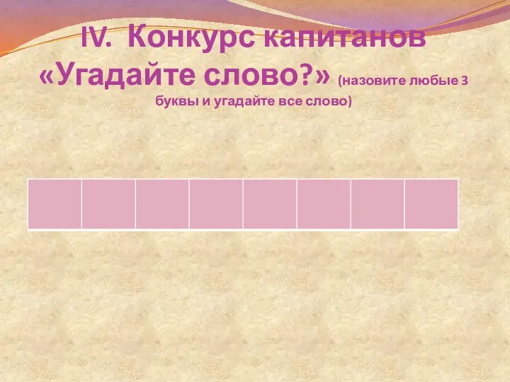 IV. Конкурс капитанов «Угадайте слово?» (назовите любые 3 буквы и угадайте все слово)