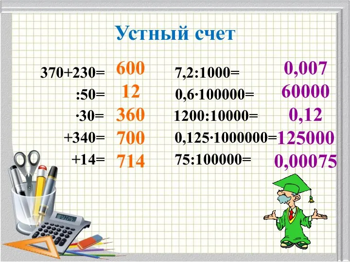 Устный счет 370+230= 7,2:1000= :50= 0,6∙100000= ∙30= 1200:10000= +340= 0,125∙1000000= +14=