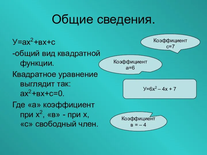 Общие сведения. У=ах2+вх+с -общий вид квадратной функции. Квадратное уравнение выглядит так: