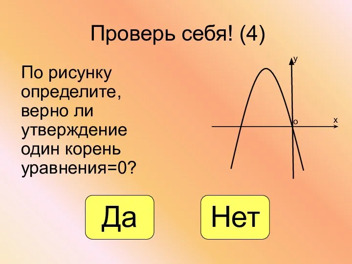 Проверь себя! (4) По рисунку определите, верно ли утверждение один корень