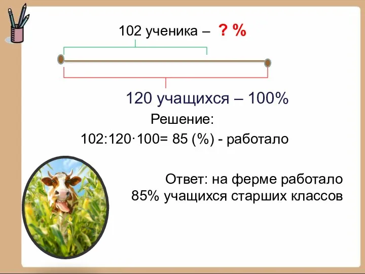 102 ученика – ? % 120 учащихся – 100% Решение: 102:120·100=