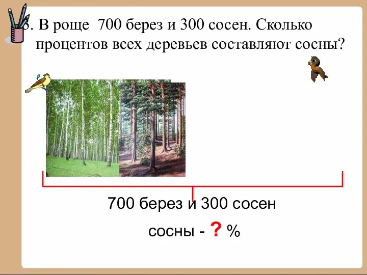 3. В роще 700 берез и 300 сосен. Сколько процентов всех