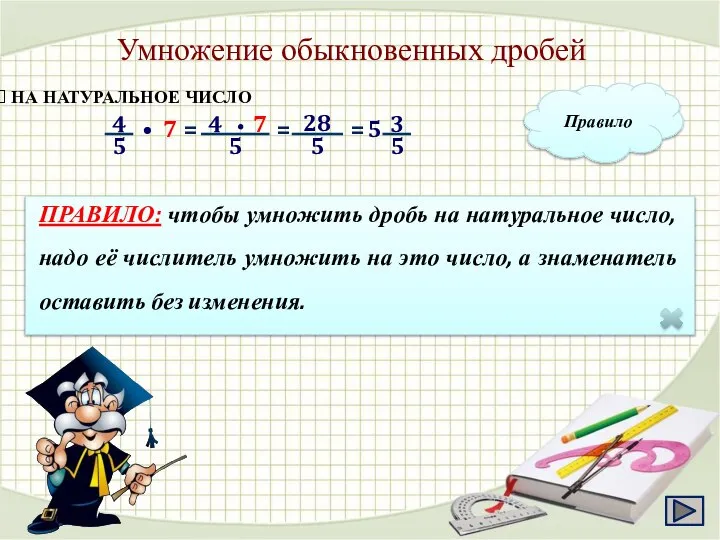 Умножение обыкновенных дробей 5 НА НАТУРАЛЬНОЕ ЧИСЛО Правило