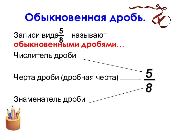 Обыкновенная дробь. Записи вида называют обыкновенными дробями… Числитель дроби Черта дроби (дробная черта) Знаменатель дроби