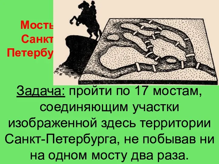 Мосты Санкт- Петербурга Задача: пройти по 17 мостам, соединяющим участки изображенной