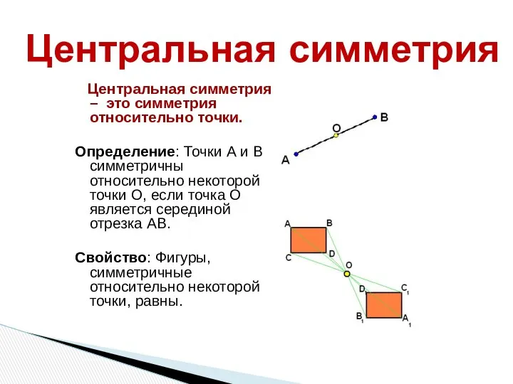 Центральная симметрия Центральная симметрия – это симметрия относительно точки. Определение: Точки