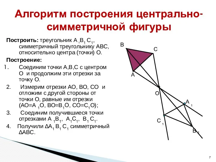 Алгоритм построения центрально-симметричной фигуры Построить: треугольник А 1В1 С1, симметричный треугольнику