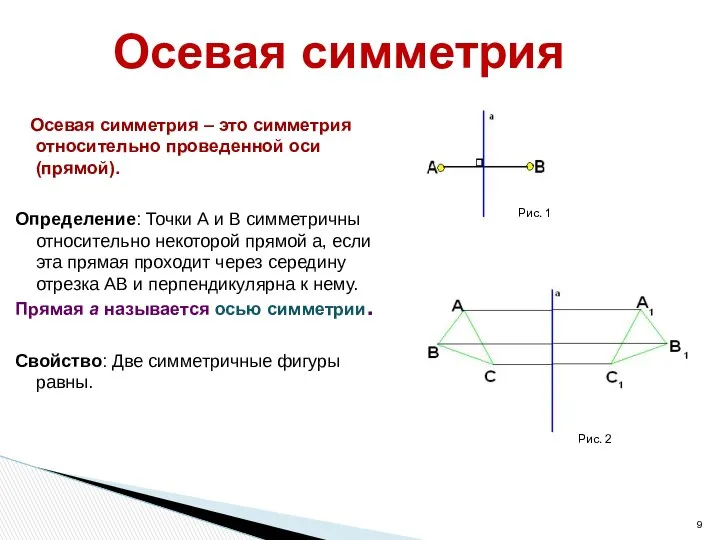 Осевая симметрия Осевая симметрия – это симметрия относительно проведенной оси (прямой).