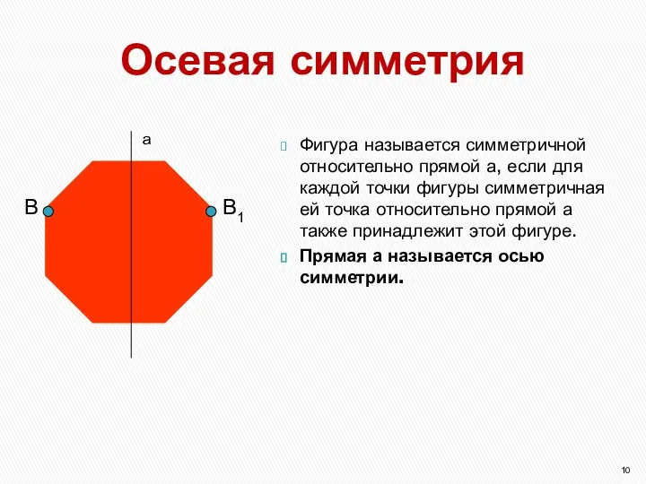 Осевая симметрия Фигура называется симметричной относительно прямой а, если для каждой