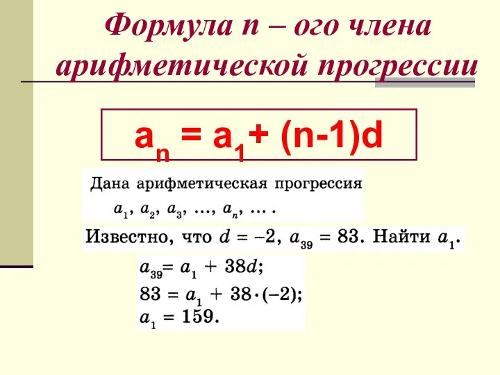 Формула n – ого члена арифметической прогрессии an = a1+ (n-1)d