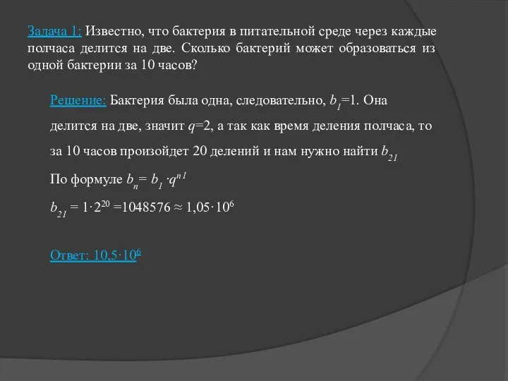 Задача 1: Известно, что бактерия в питательной среде через каждые полчаса