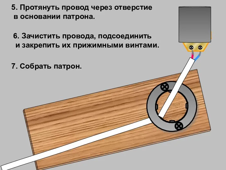 5. Протянуть провод через отверстие в основании патрона. 6. Зачистить провода,