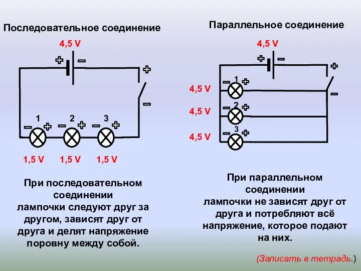 Параллельное соединение (Записать в тетрадь.) Последовательное соединение 4,5 V 4,5 V