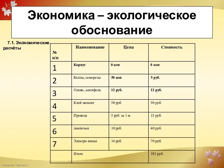 Экономика – экологическое обоснование 7.1. Экономические расчёты