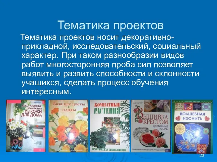 Тематика проектов Тематика проектов носит декоративно-прикладной, исследовательский, социальный характер. При таком