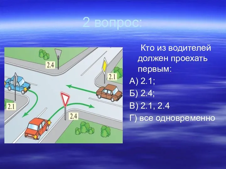 2 вопрос: Кто из водителей должен проехать первым: А) 2.1; Б)