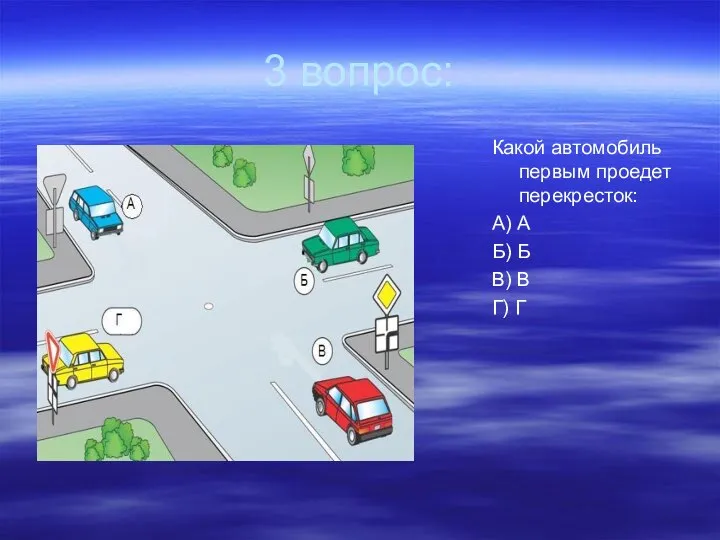 3 вопрос: Какой автомобиль первым проедет перекресток: А) А Б) Б В) В Г) Г