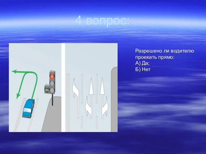 4 вопрос: Разрешено ли водителю проехать прямо: А) Да; Б) Нет