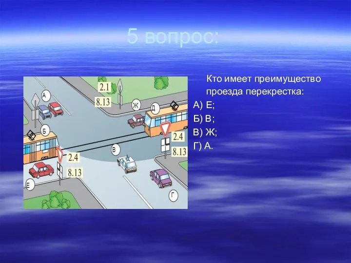 5 вопрос: Кто имеет преимущество проезда перекрестка: А) Е; Б) В; В) Ж; Г) А.