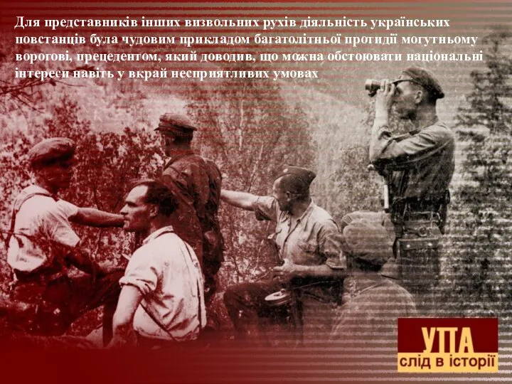 Для представників інших визвольних рухів діяльність українських повстанців була чудовим прикладом
