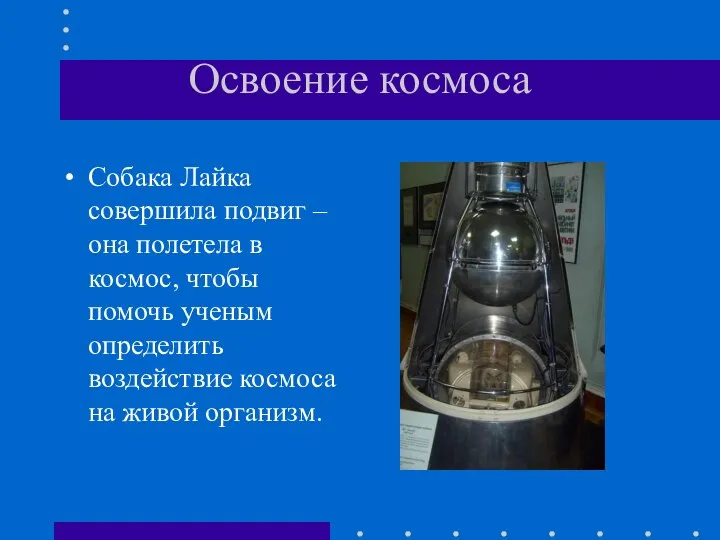 Освоение космоса Собака Лайка совершила подвиг – она полетела в космос,