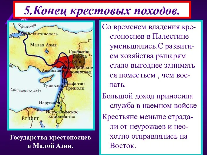 5.Конец крестовых походов. Со временем владения кре-стоносцев в Палестине уменьшались.С развити-