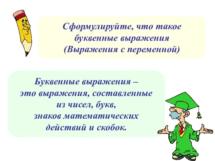 Буквенные выражения – это выражения, составленные из чисел, букв, знаков математических