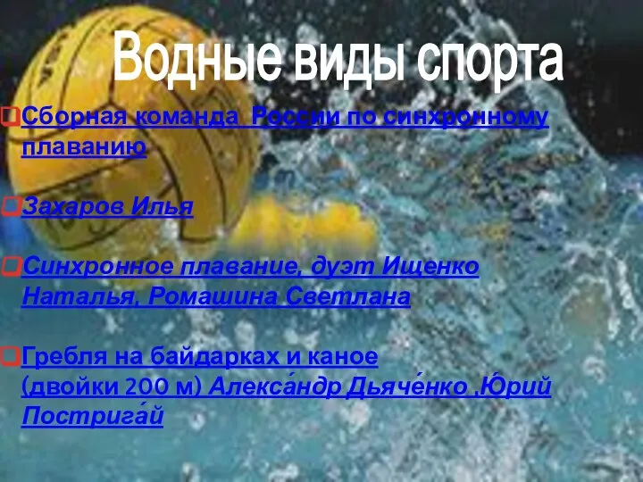 Водные виды спорта Сборная команда России по синхронному плаванию Захаров Илья