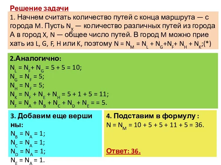 Решение задачи 3. 1. Нач­нем счи­тать ко­ли­че­ство путей с конца марш­ру­та